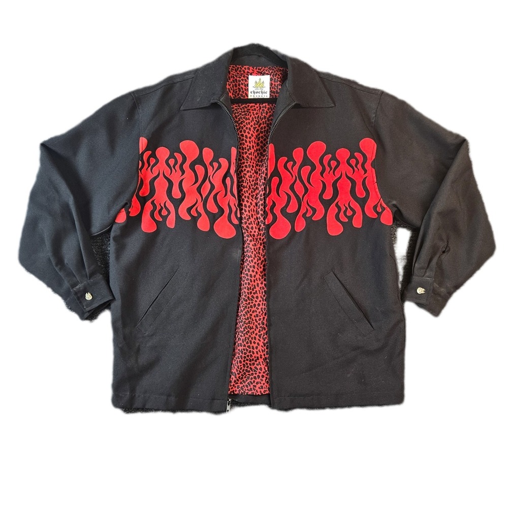 Chochie Casuals Jacket Mens XL Black Red Flame Graphic Zip Up Lined Rockabilly‎